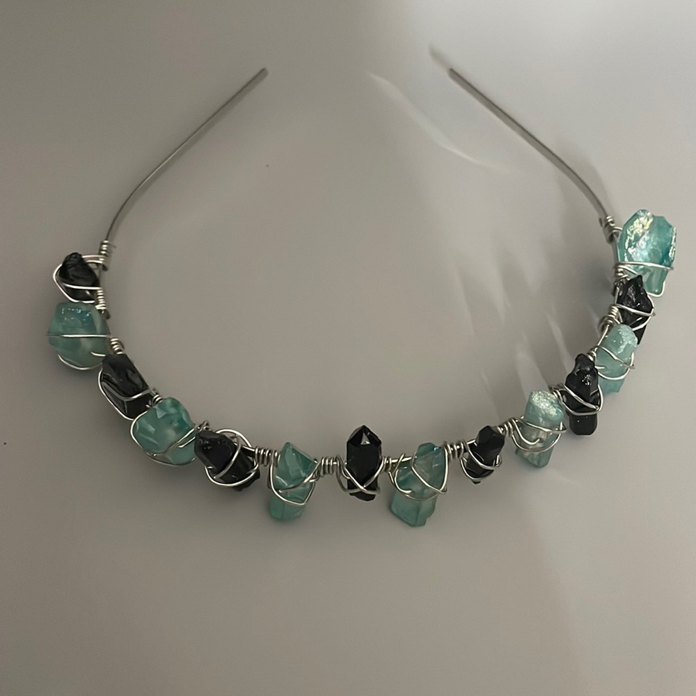 Handmade, crystal point, tiara, crown, in blue and black quartz